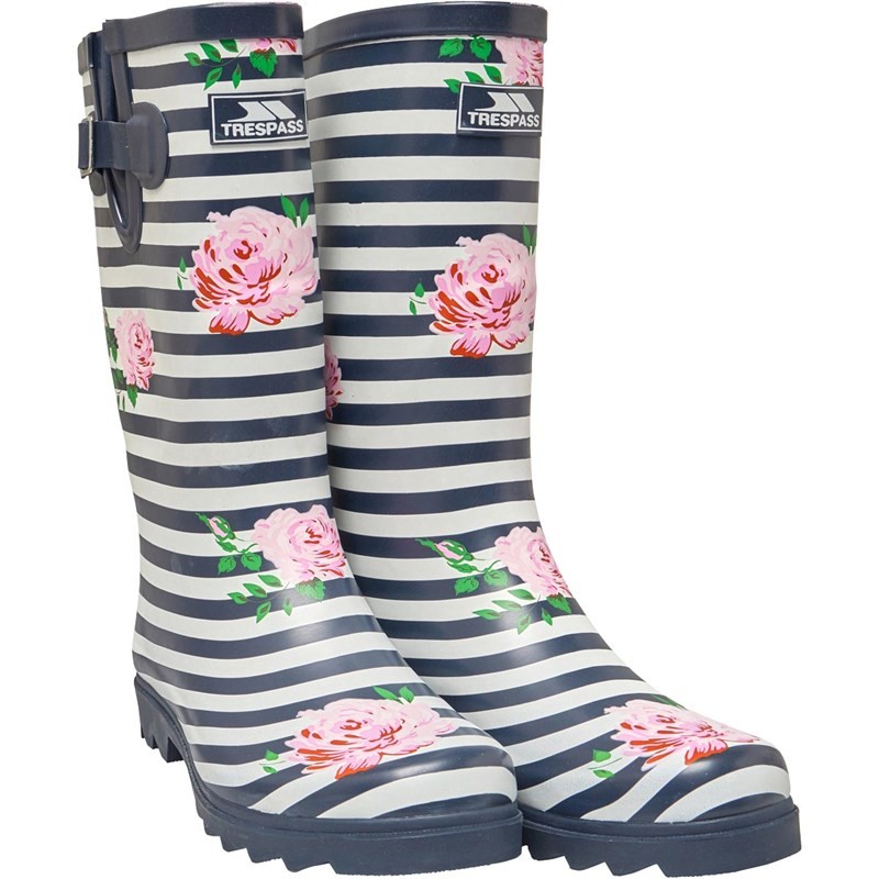 Trespass Womens Elana Striped Floral Print Wellington Boots Navy/White