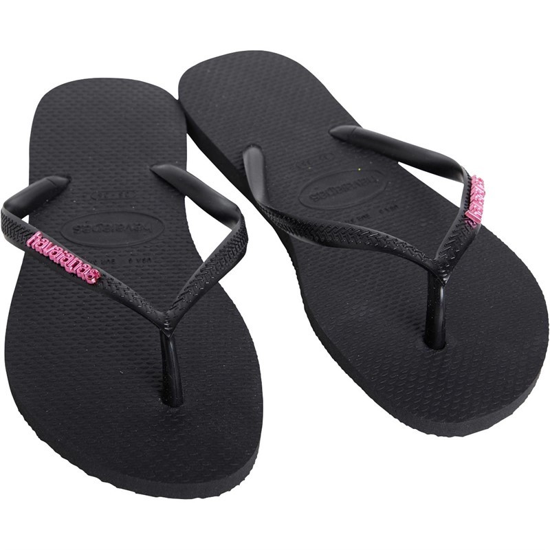 Havaianas Womens Slim Logo Metallic Flip Flops Black/Pink