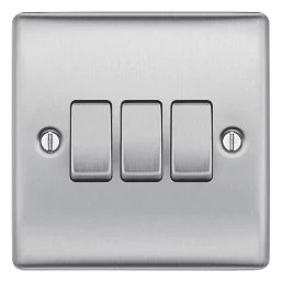 BRITISH GENERAL NEXUS METAL 10AX 3-GANG 2-WAY LIGHT SWITCH BRUSHED STEEL