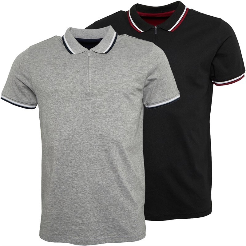 Onfire Mens Two Pack Zip Neck Polo Shirts Black/Light Grey Marl